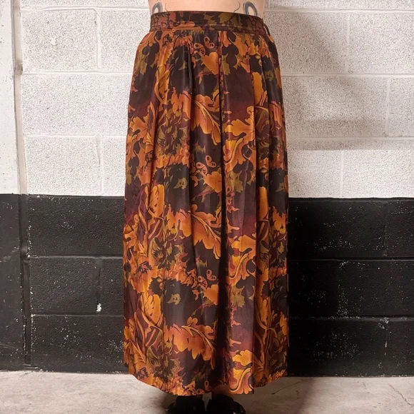 Vintage Silk A-Line Maxi Skirt Fall Flower Print Size L - Picture 1 of 8